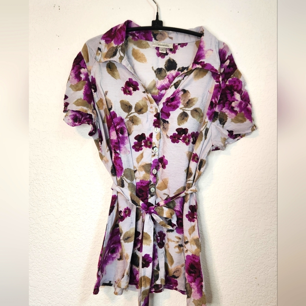 Dress Barn Short Sleeve Floral Button-Up with Tie, Size XL